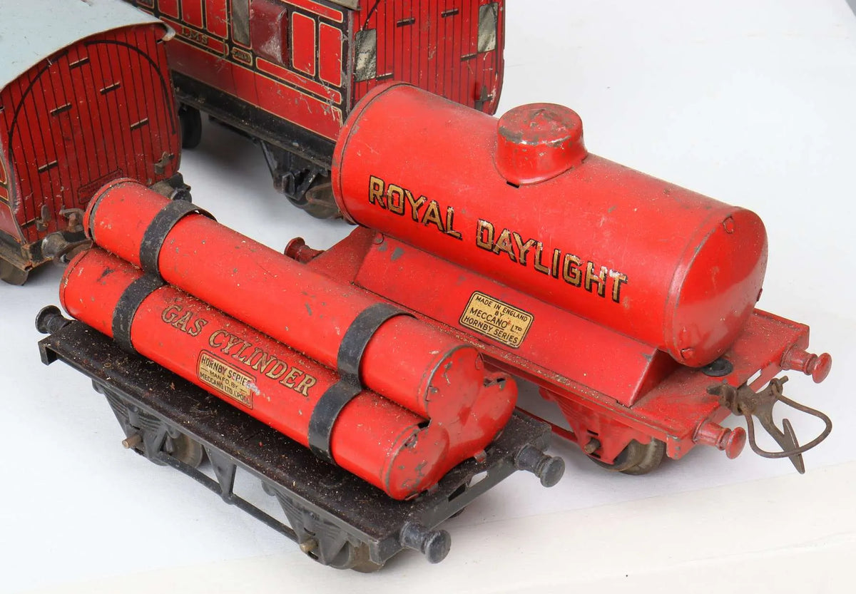 Assorted Hornby tinplate rolling stock, track & locomotive