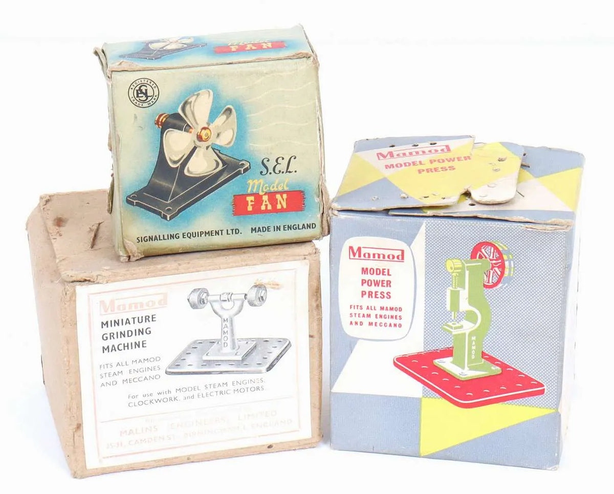 Mamod power press, miniature grinding machine and SEL model fan