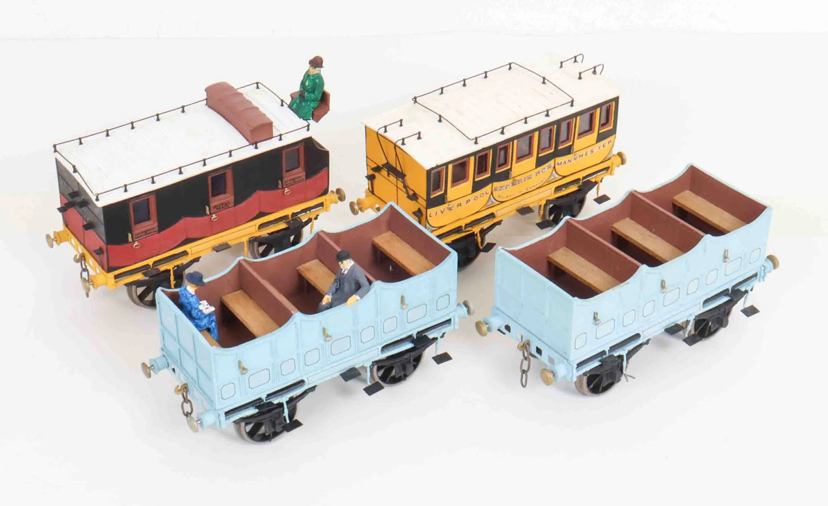 Rake of four gauge 1 Liverpool & Manchester coaches