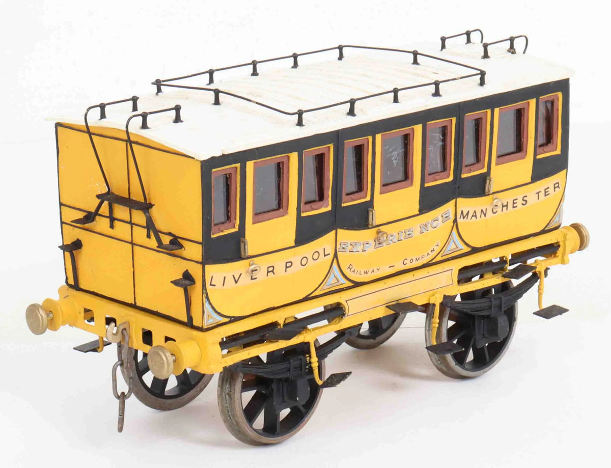 Rake of four gauge 1 Liverpool & Manchester coaches
