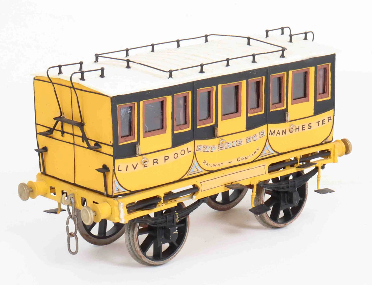 Rake of four gauge 1 Liverpool & Manchester coaches