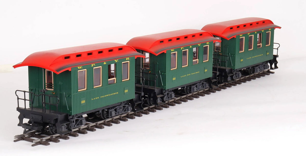 Rake of three gauge 1 WP&YR coaches