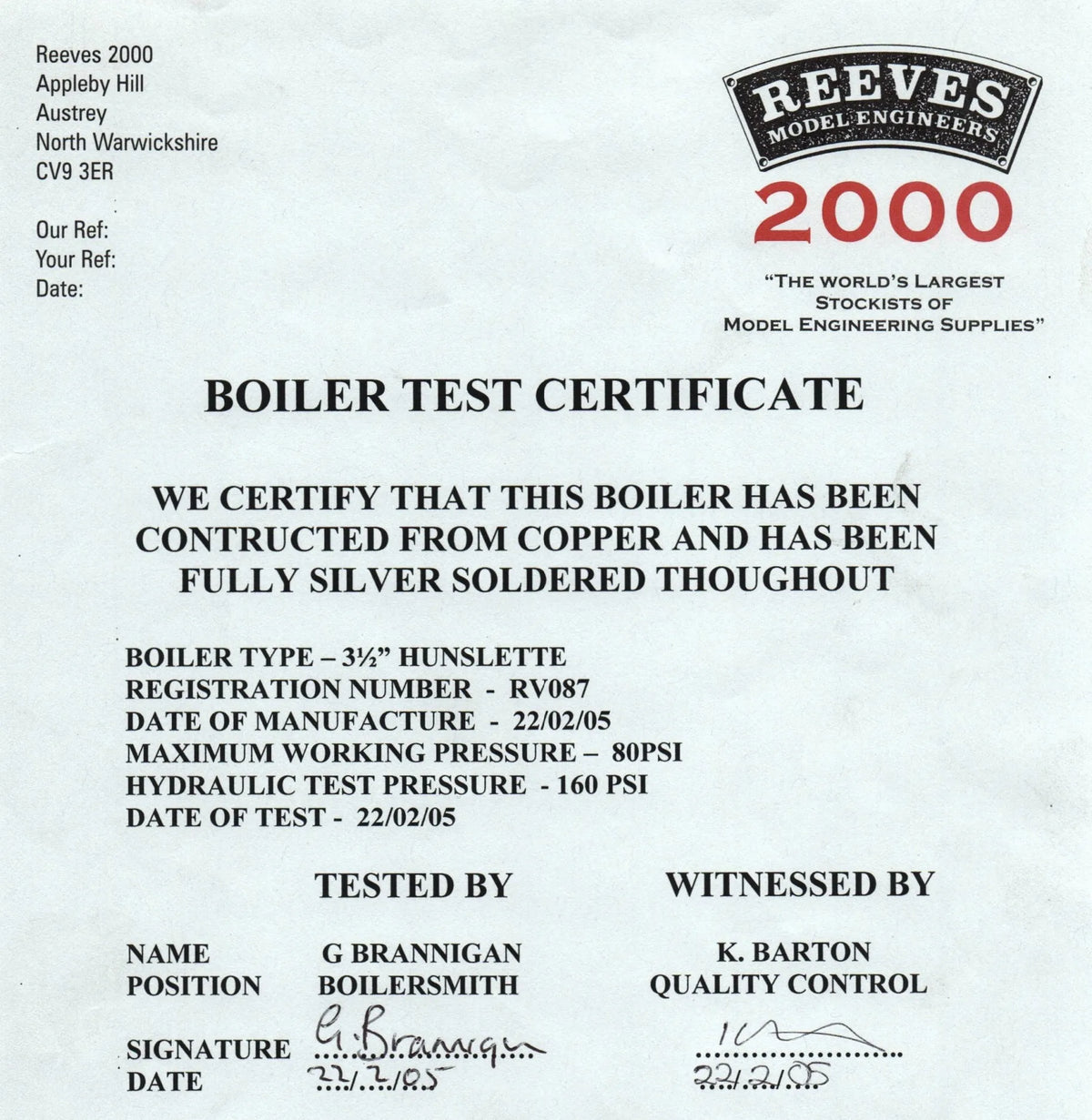 New CE-marked 3 1/2 inch gauge Hunslet boiler