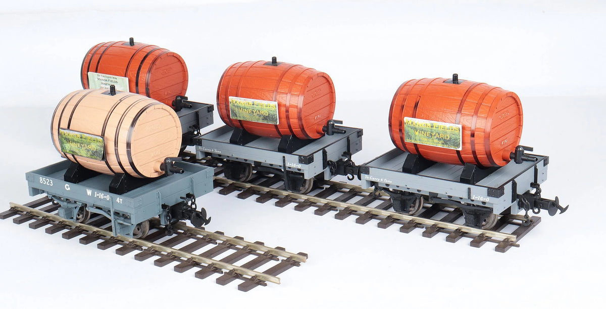Four Accucraft W&L flat wagons with wine barrels