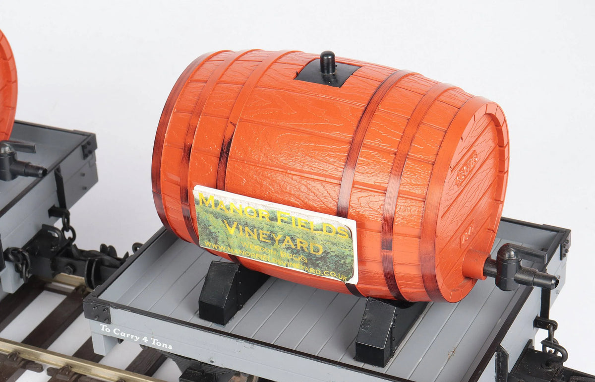 Four Accucraft W&L flat wagons with wine barrels