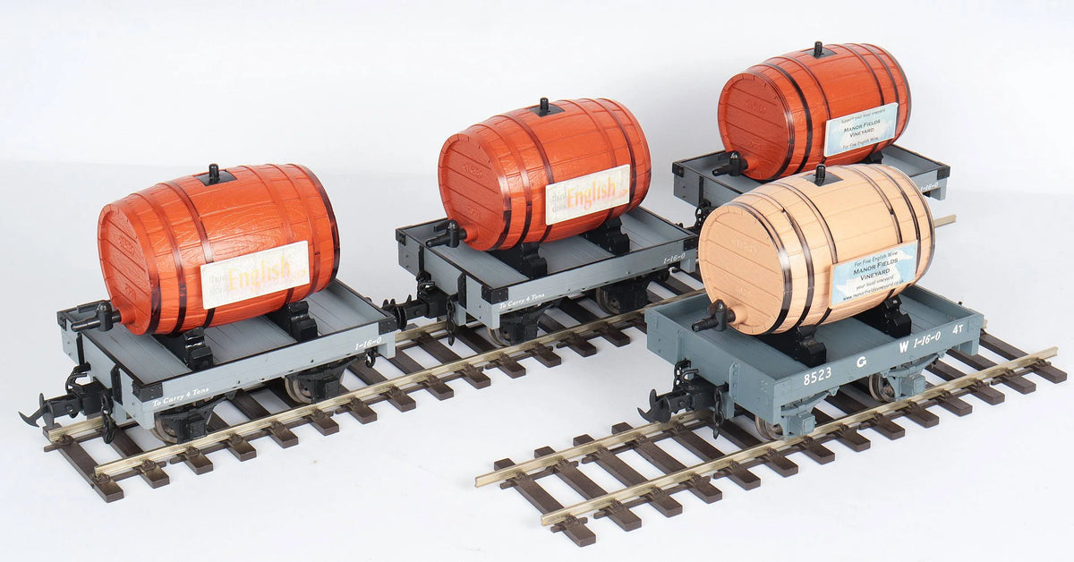 Four Accucraft W&L flat wagons with wine barrels