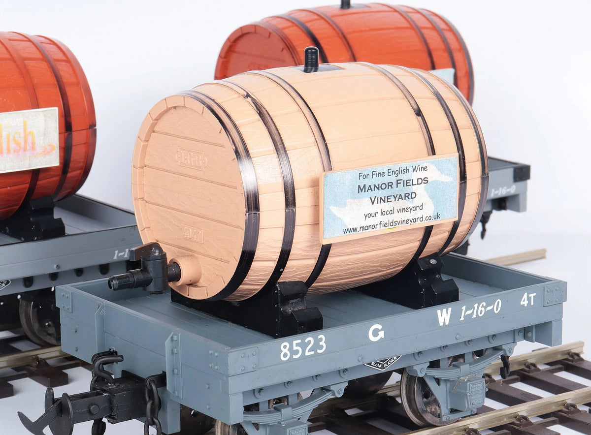Four Accucraft W&L flat wagons with wine barrels
