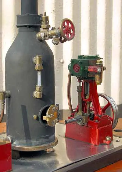 Stuart 10V, coal-fired boiler and hand pump
