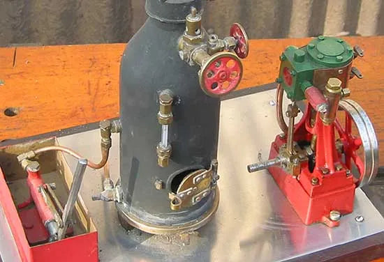 Stuart 10V, coal-fired boiler and hand pump