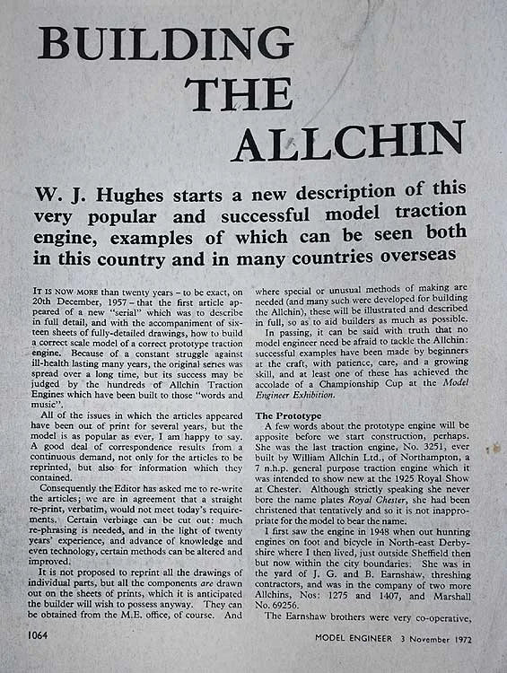 part-built 1 1/2 inch scale Allchin traction engine
