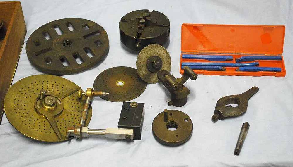 Small lathe with dividing plate, chucks etc