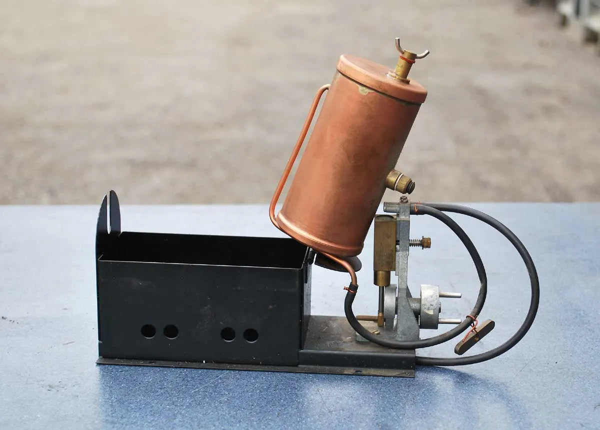 Spirit-fired copper boiler with oscillating engine