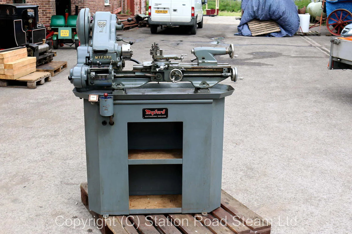 Myford Super 7B lathe on cabinet stand