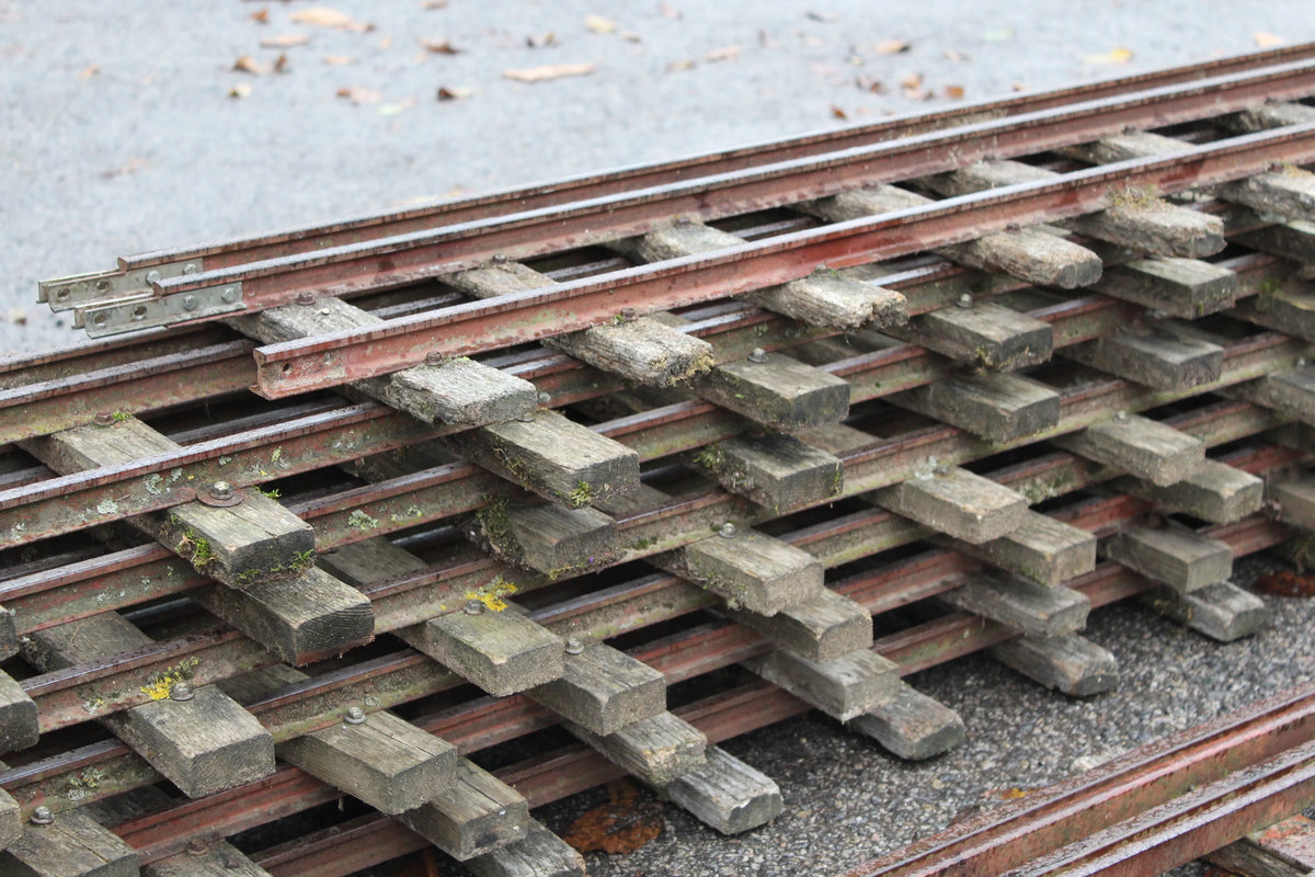Three 5 & 7 1/4 inch multi-gauge turnouts & track panels