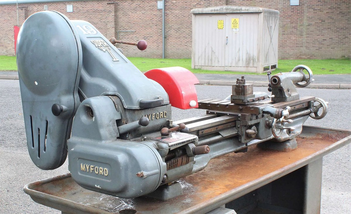 Long bed Myford Super 7B with industrial stand for restoration